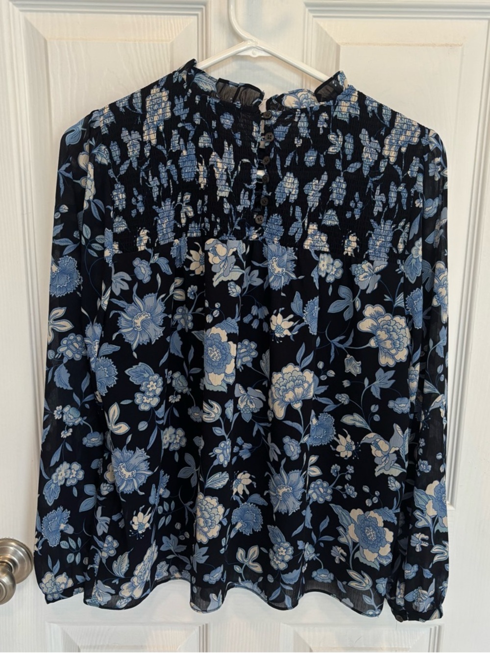 J. Crew Women's navy Floral Smocked Blouse - Blue Floral Print medium